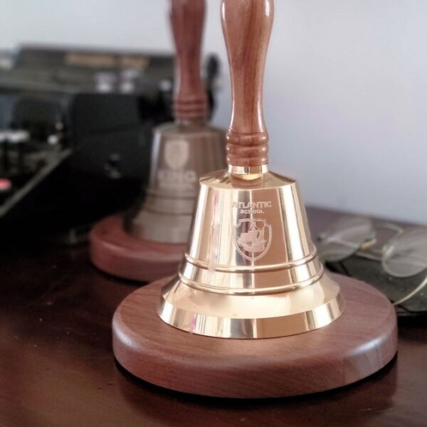 OEM 9 Inch Engravable Polished Brass Hand Bell With Wood Base and Logo