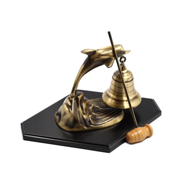 Custom Solid Brass Dolphin Bell – Antique Bronze Coated 6.6 lbs Maritime Bell with Wooden Base for Home Decor
